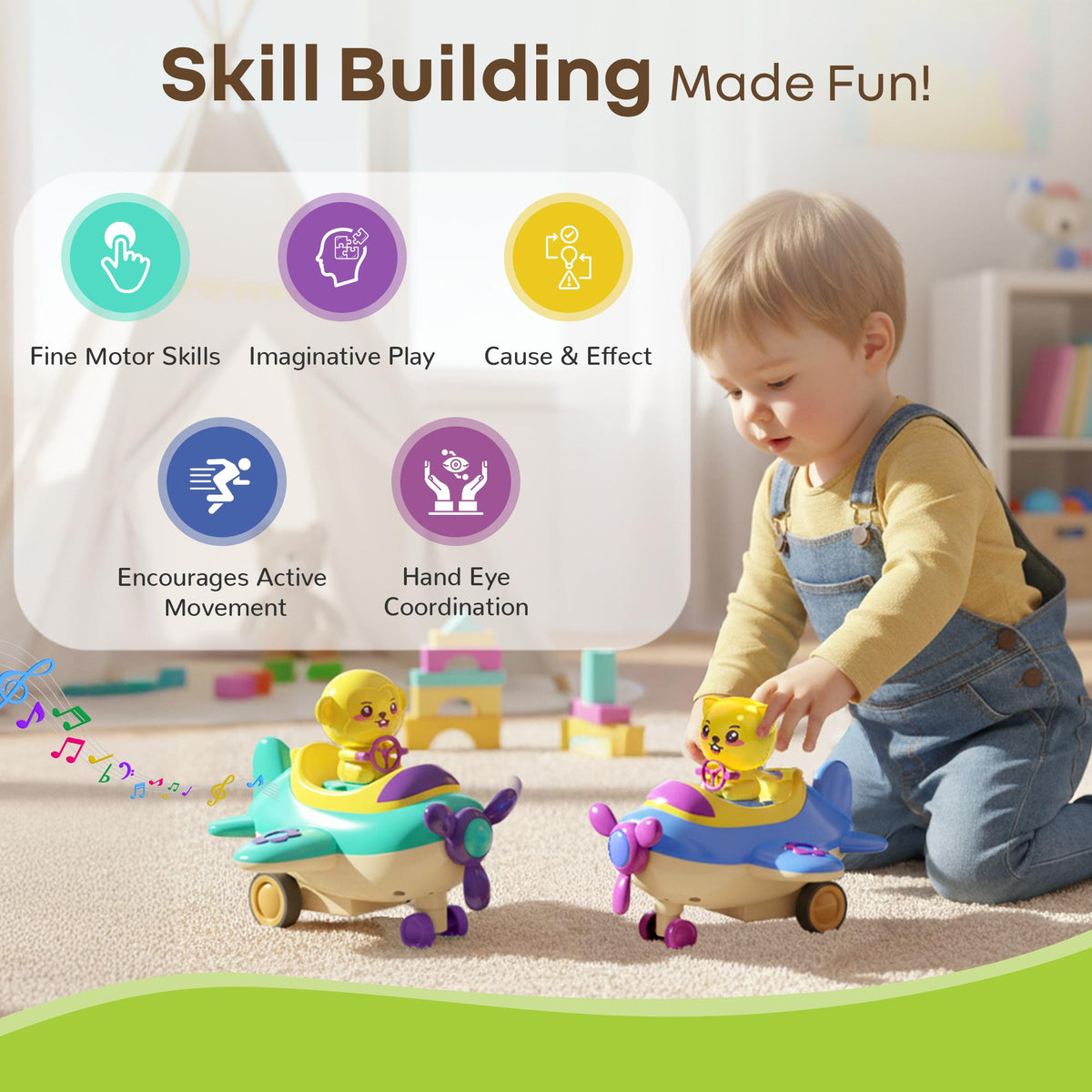 Orapple Aero Rider - BPA-Free, Non-Toxic Baby Airplane Push Toy with Lights & Music (Pack of 2) - Multi 1
