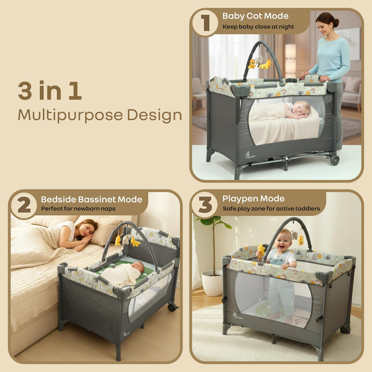 Hide N Seek Bliss Baby Cot - Safe, Cozy & Foldable Cot for Babies 0-3 Years - Black Multi