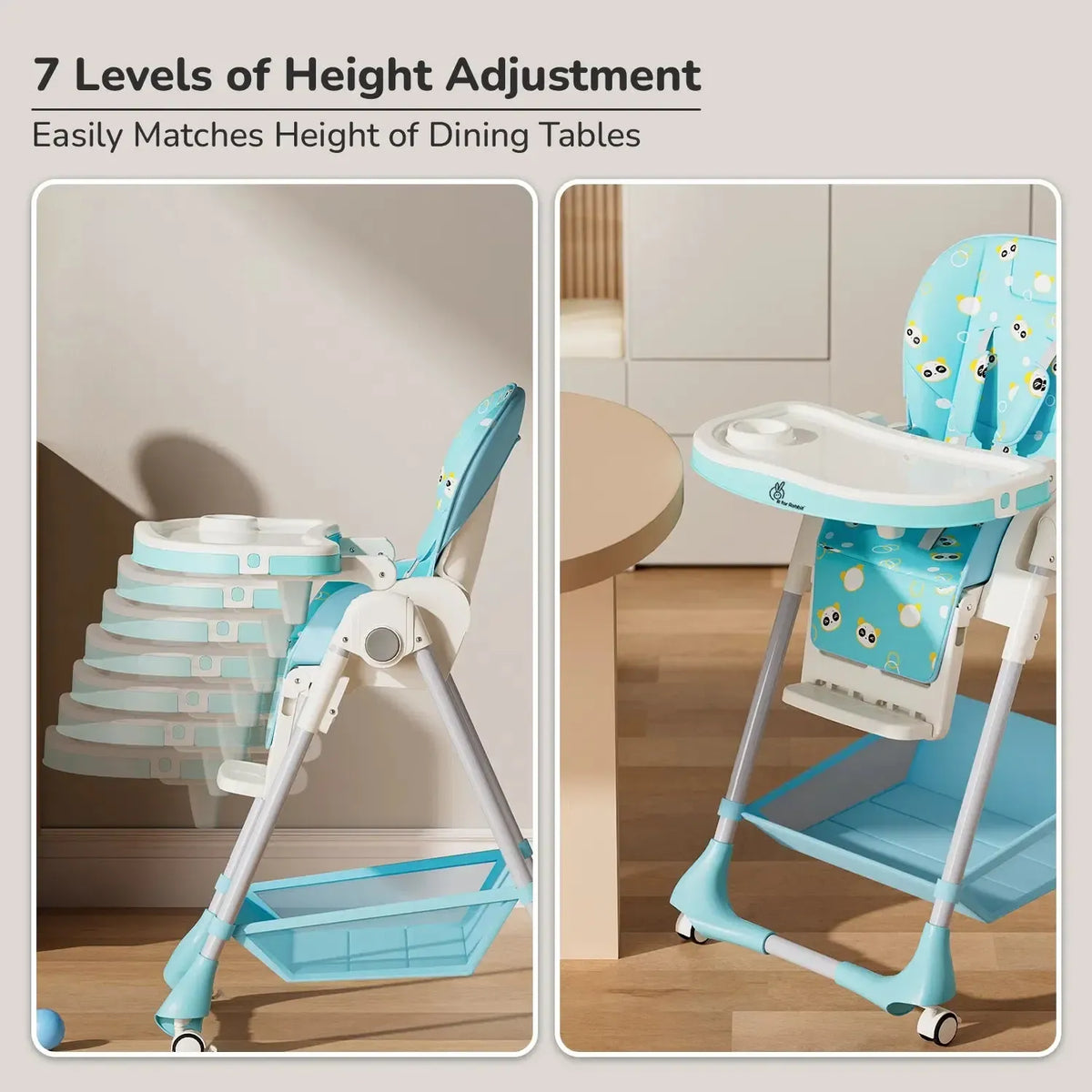 Marshmallow High Chair - 7 Level Height Adjustment, 3 Recline Modes, Adjustable & Removable Double Meal Tray, 6 months-5 years - Green