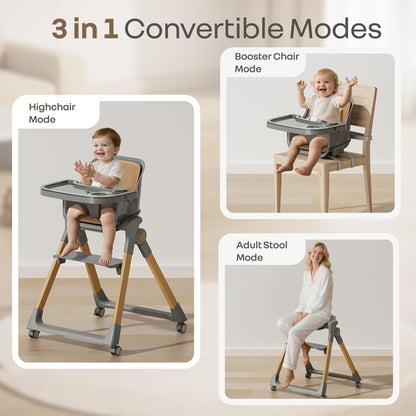 Walnut High Chair - 3 in 1 Convertible kids Highchair with Booster & Stool - Dark Grey
