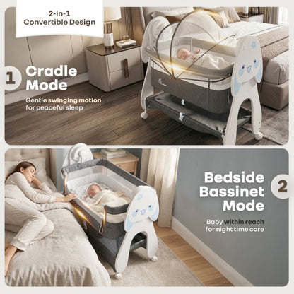 Lullabies Woodsy Bunny Smart Baby Cradle – 2-in-1 Auto Swing Cradle & Bedside Bassinet with Bluetooth Music, Timer, Plush Mattress, Mosquito Net & Storage Basket (0–18 Months) - Grey White