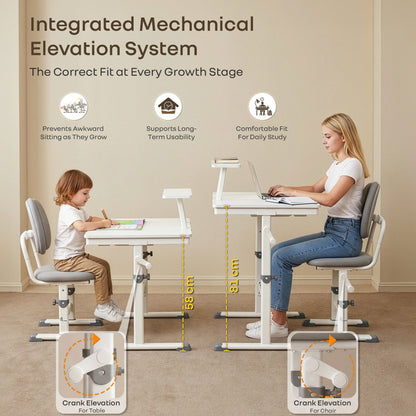 Kiddie Grow Edge Kids Study Table & Chair Set 3-15 Years, Adjustable Height, Storage Drawer & Bookshelf - White Grey