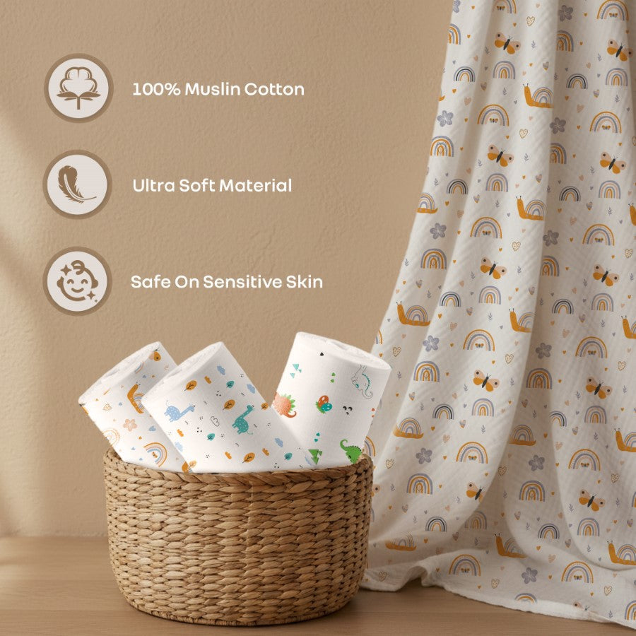 Cuddlez 100% Muslin Baby Swaddle for Newborns (Pack of 3) - Multi Safari