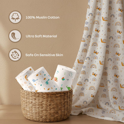 Cuddlez 100% Muslin Baby Swaddle for Newborns (Pack of 3) - Multi Safari
