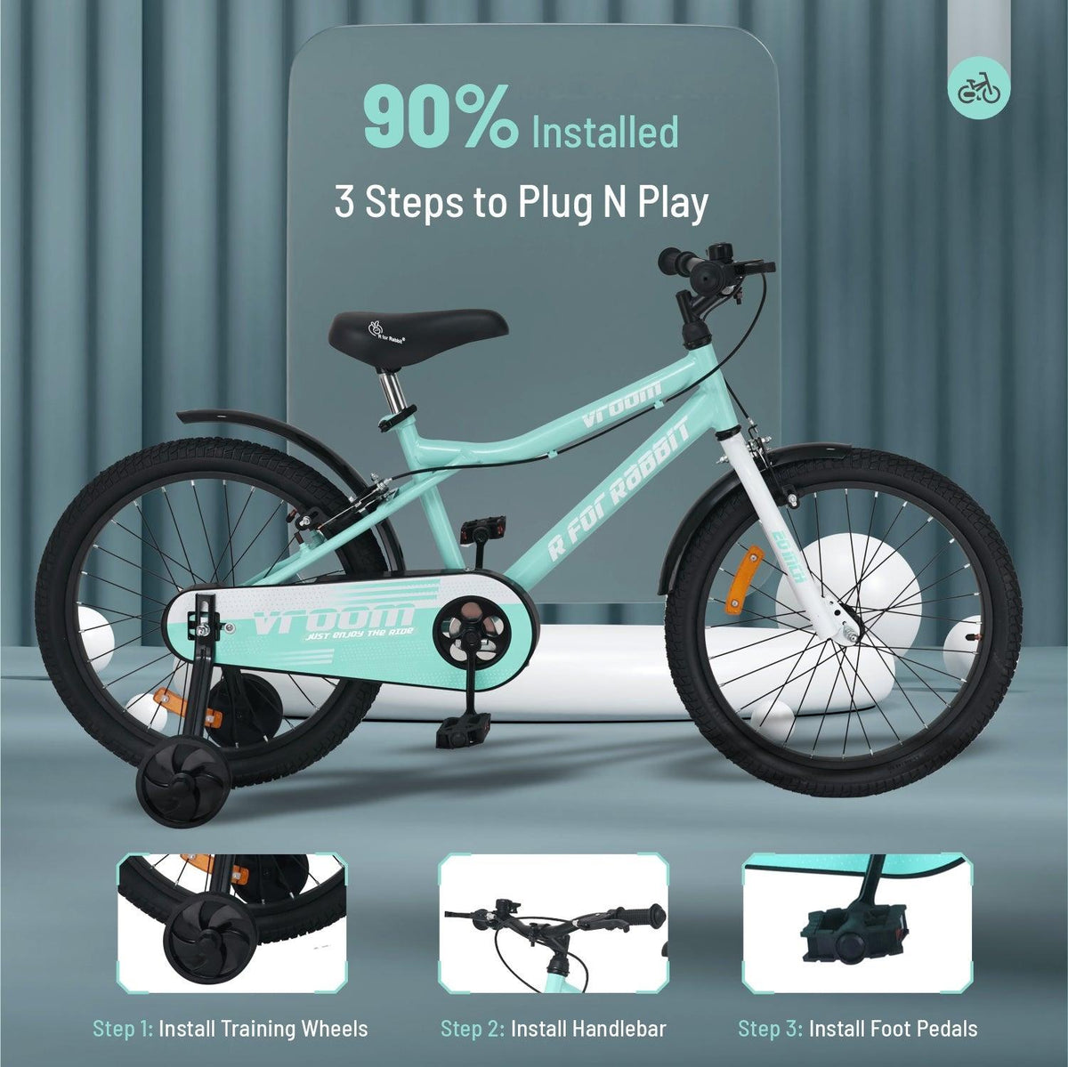 Vroom Bicycle For Kids 20 Inch With 90% Plug And Play For Ease Of Installation, Wide Training Wheels, Adjustable Seat, 7-10yrs, Upto 50kgs - Sea Green