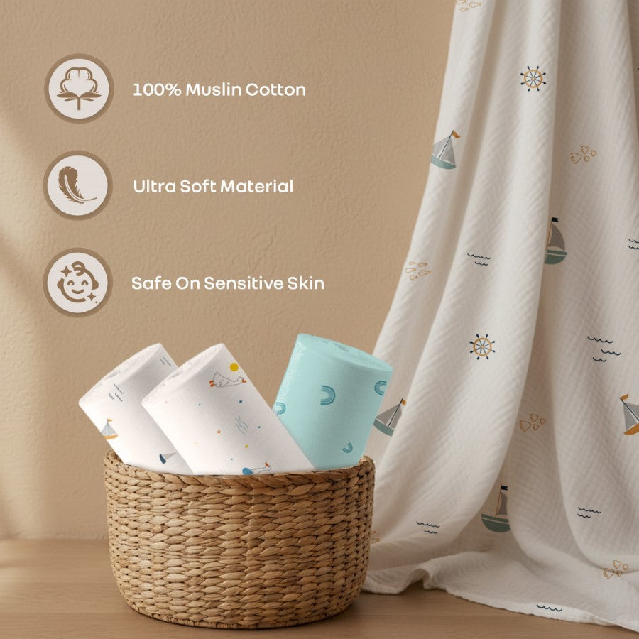 Cuddlez Muslin Baby Swaddle 100% Cotton Baby Swaddle Soft & Breathable Multipurpose Cloth (Pack of 3) - Multicolor Aqua