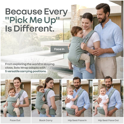 Solo Wrap Comfy 5-in-1 Baby Carrier with Detachable Hip Seat, X Back & Lumbar Support, Ergonomic M Position - Light Sage Green