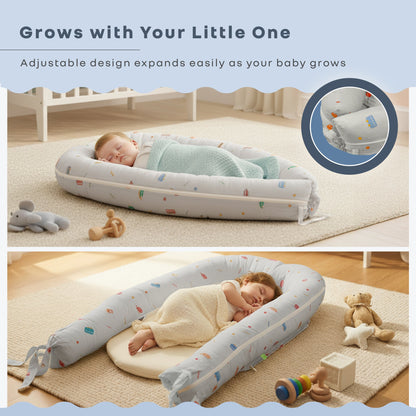 Snuggy Cuddles Newborn Baby Bed - Anti-Roll Baby Nest - 100% Cotton Breathable Lounger - Roadster Grey