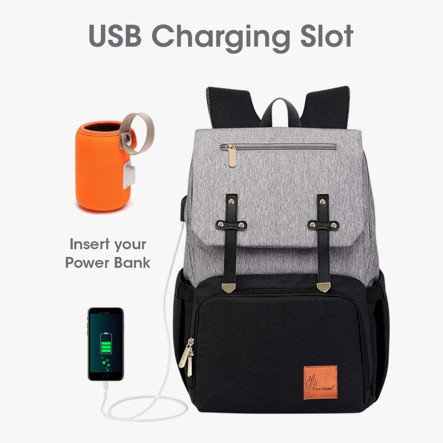 Caramello Smart Premium Diaper Bag for Moms & Dads with USB & Trolley Strap - Black Grey