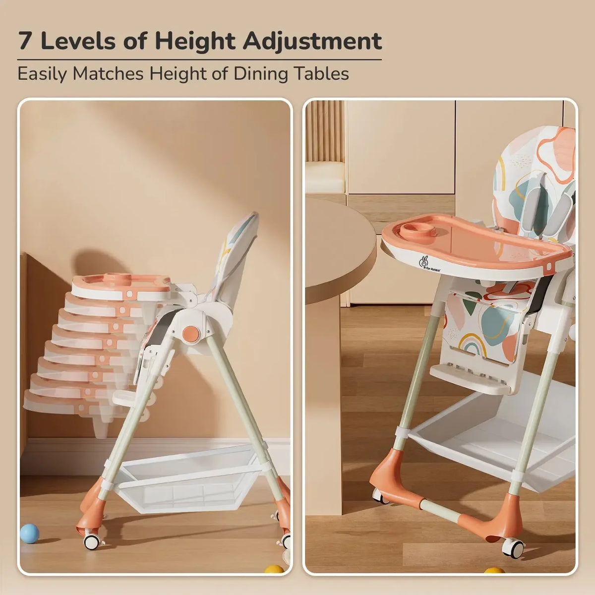 Marshmallow High Chair - 7 Level Height Adjustment, 3 Recline Modes, Adjustable & Removable Double Meal Tray, 6 months-5 years - Abstract Peach