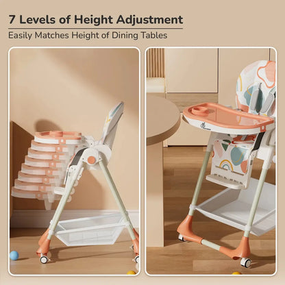 Marshmallow High Chair - 7 Level Height Adjustment, 3 Recline Modes, Adjustable & Removable Double Meal Tray, 6 months-5 years - Abstract Peach