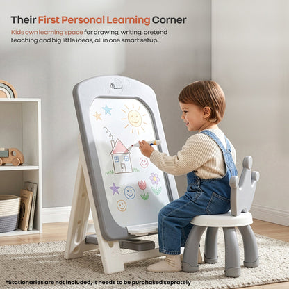 Little Genius Doodle Duo Whiteboard & Chair Set for 3–7 Years, 7-Level Height Adjustable, Foldable Study Table, Upto 40 kg - Grey White