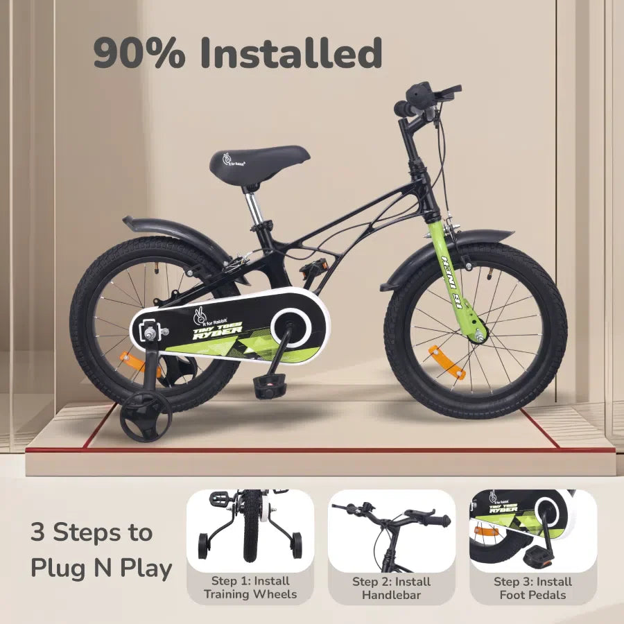 Tiny Toes Ryder Bicycle For Kids 16 Inch 90% Plug N Play Installation - Black Green