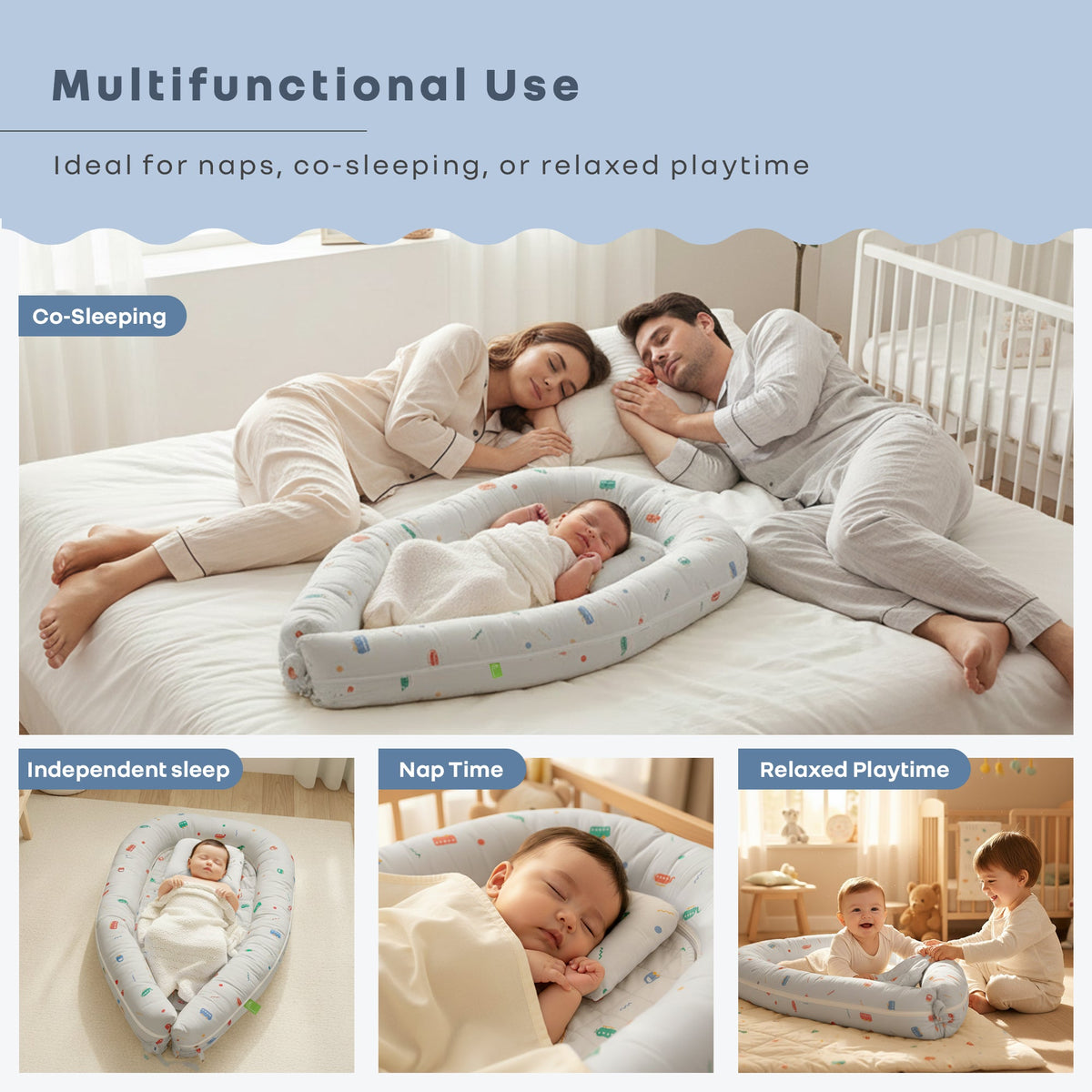 Snuggy Cuddles Newborn Baby Bed - Anti-Roll Baby Nest - 100% Cotton Breathable Lounger - Roadster Grey