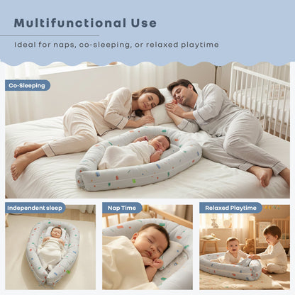 Snuggy Cuddles Newborn Baby Bed - Anti-Roll Baby Nest - 100% Cotton Breathable Lounger - Roadster Grey