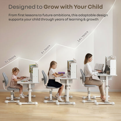 Kiddie Grow Flex Adjustable Kids Study Table with Chair – Ergonomic Desk with Storage Shelves, Drawer, Spacious Tabletop & Height Adjustment for Growing Kids (3–15 Years) - Grey White