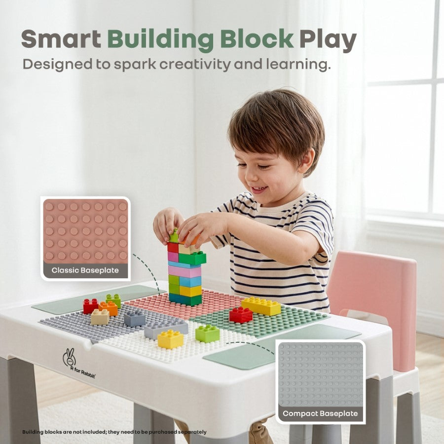 Little Genius Learner Neo Kids Table & Chair Set with Storage, Height Booster, Lego-Compatible Activity Table & Safety Rounded Edges (3–7 Years) - Grey Multi