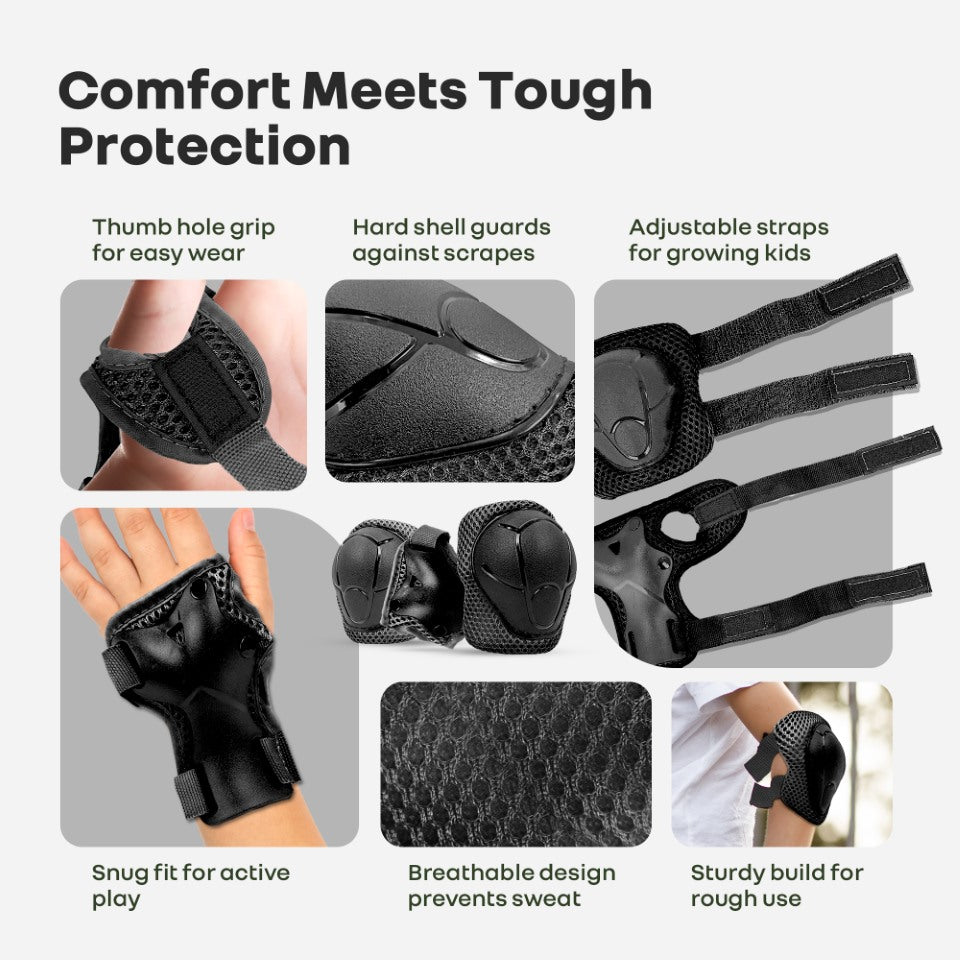 Safe Play Protective Gear Set for Kids – Helmet, Knee, Elbow & Wrist Pads (Age 3–7 Years) - Black Sports