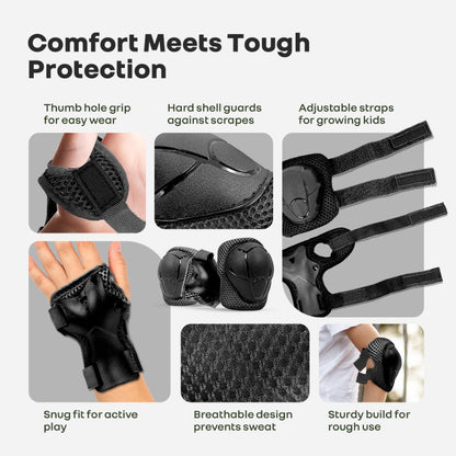 Safe Play Protective Gear Set for Kids – Helmet, Knee, Elbow & Wrist Pads (Age 3–7 Years) - Black Sports