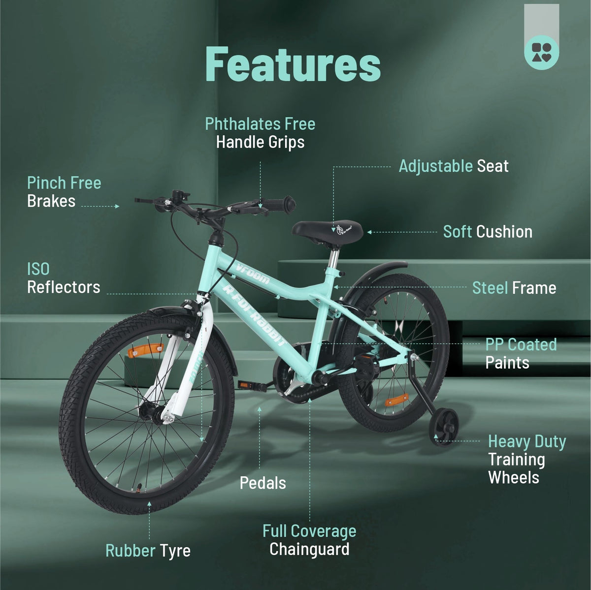 Vroom Bicycle For Kids 20 Inch With 90% Plug And Play For Ease Of Installation, Wide Training Wheels, Adjustable Seat, 7-10yrs, Upto 50kgs - Sea Green