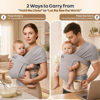 Solo Wrap Flexi Self-Wear Baby Carrier with Feather-Light Cotton Fabric and Ergonomic M-Shape Support – Mist Grey Stripes