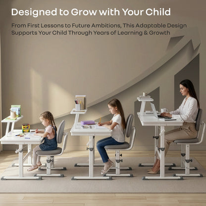 Kiddie Grow Edge Kids Study Table & Chair Set 3-15 Years, Adjustable Height, Storage Drawer & Bookshelf - White Grey