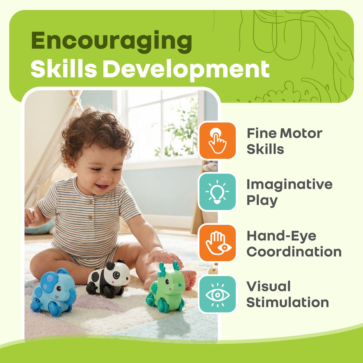 Orapple Safari - Set of 4 Windup Animal Toys for Babies (Panda, Lion, Elephant, Deer) - Multi 1
