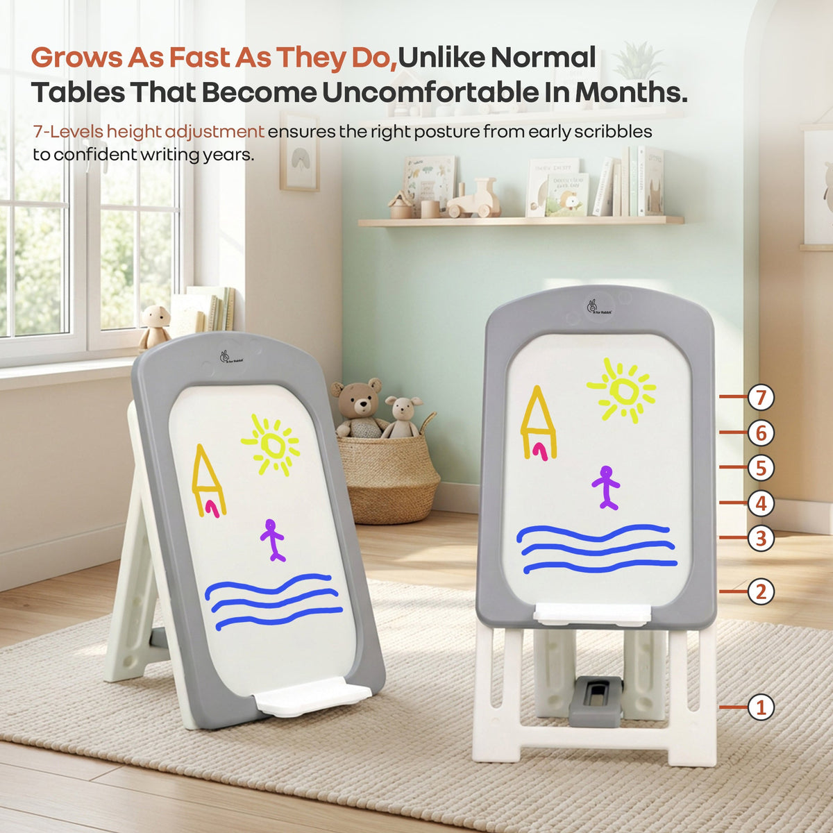 Little Genius Doodle Duo Whiteboard & Chair Set for 3–7 Years, 7-Level Height Adjustable, Foldable Study Table, Upto 40 kg - Grey White