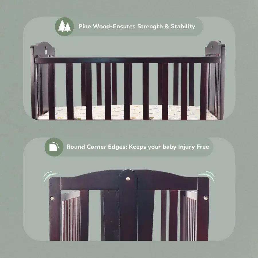 Dream Time Wooden Cradle - Swing & Wheel Lock, High Quality Pine Wood, Scratch Resistant - Brown