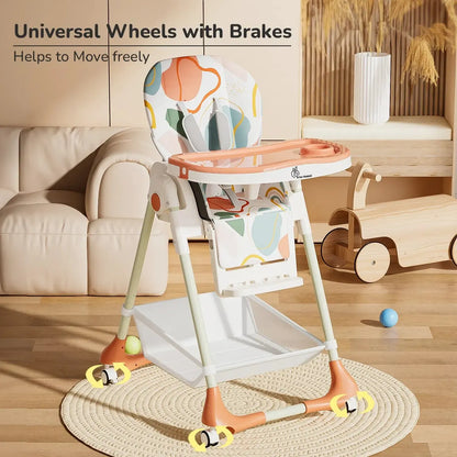 Marshmallow High Chair - 7 Level Height Adjustment, 3 Recline Modes, Adjustable & Removable Double Meal Tray, 6 months-5 years - Abstract Peach