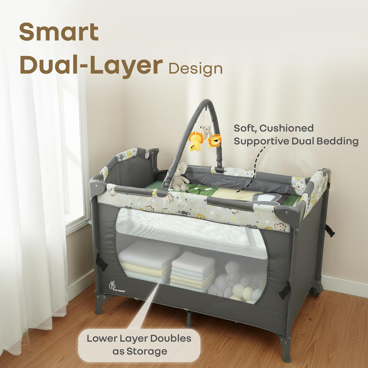 Hide N Seek Bliss Baby Cot - Safe, Cozy & Foldable Cot for Babies 0-3 Years - Black Multi