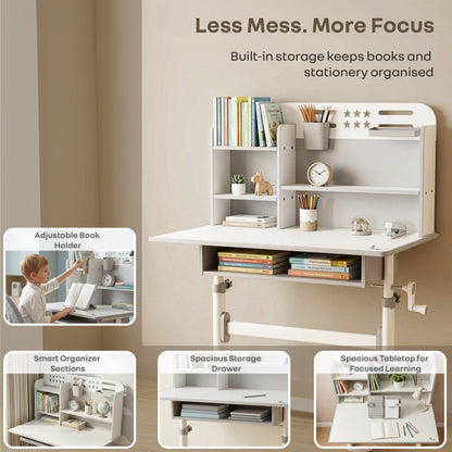 Kiddie Grow Flex Adjustable Kids Study Table with Chair – Ergonomic Desk with Storage Shelves, Drawer, Spacious Tabletop & Height Adjustment for Growing Kids (3–15 Years) - Grey White