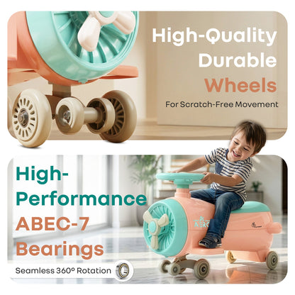 R for Rabbit Iya Iya Aero Ace 2-in-1 Swing Car Ride On for Kids with Toy Storage, Smooth Wheels & ABEC 7 Bearing - Peach Green