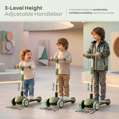 Road Runner Swift Kids Scooter - 3 Level Height Adjustable, Foldable, LED PU Wheels with Gravity Steering - Military Green