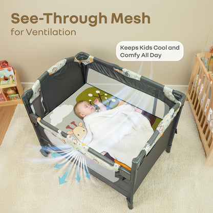 Hide N Seek Bliss Baby Cot - Safe, Cozy & Foldable Cot for Babies 0-3 Years - Black Multi