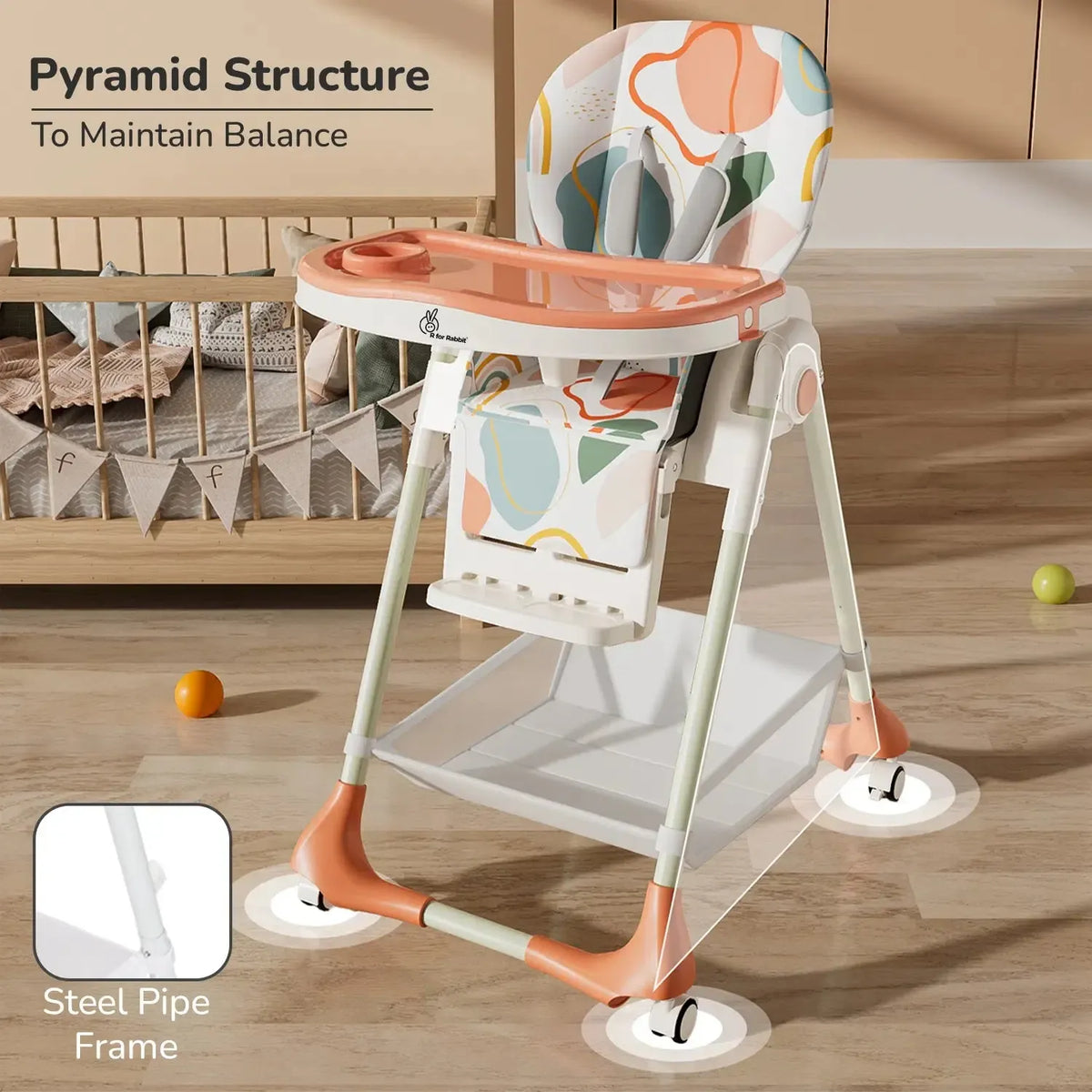 Marshmallow High Chair - 7 Level Height Adjustment, 3 Recline Modes, Adjustable & Removable Double Meal Tray, 6 months-5 years - Abstract Peach