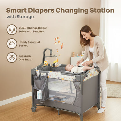 Hide N Seek Multiplay Cot - Convertible Baby Cot with Diaper Changer, Playpen & Travel Bag - Black Multi