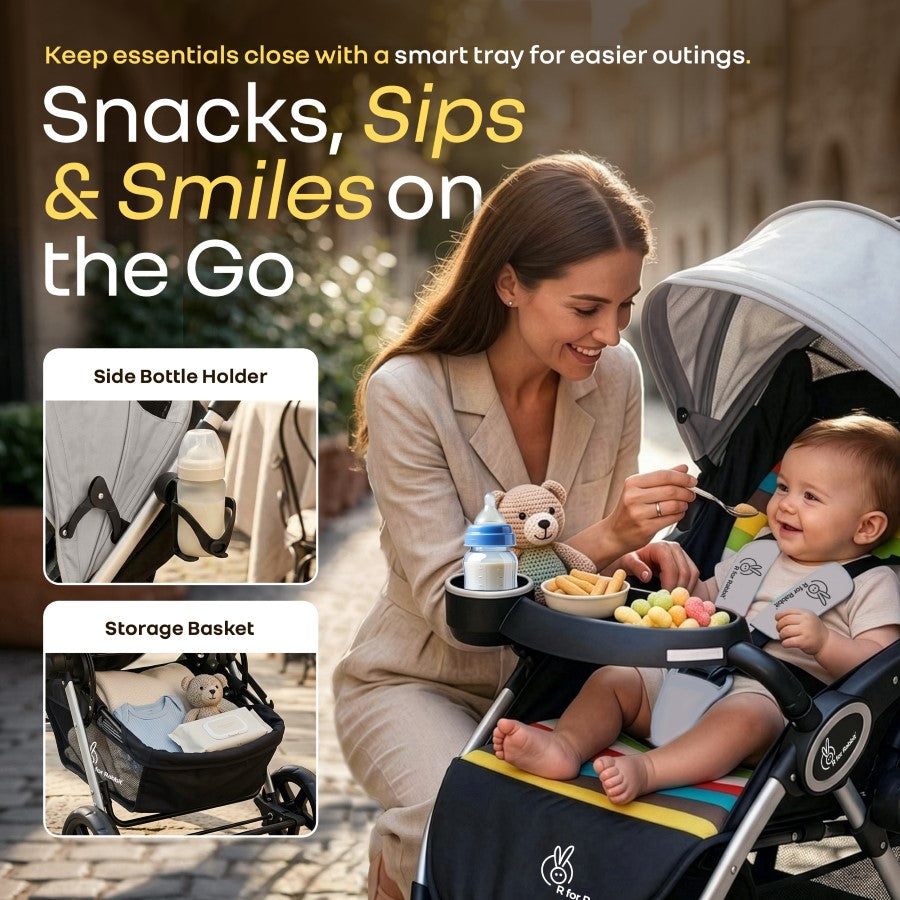 Chocolate Ride Stroller For Kids Reversible Handle, Multiple Recline Positions, Cup Holder with Meal Tray, 5 Point Safety Harness, Storage Basket - Rainbow