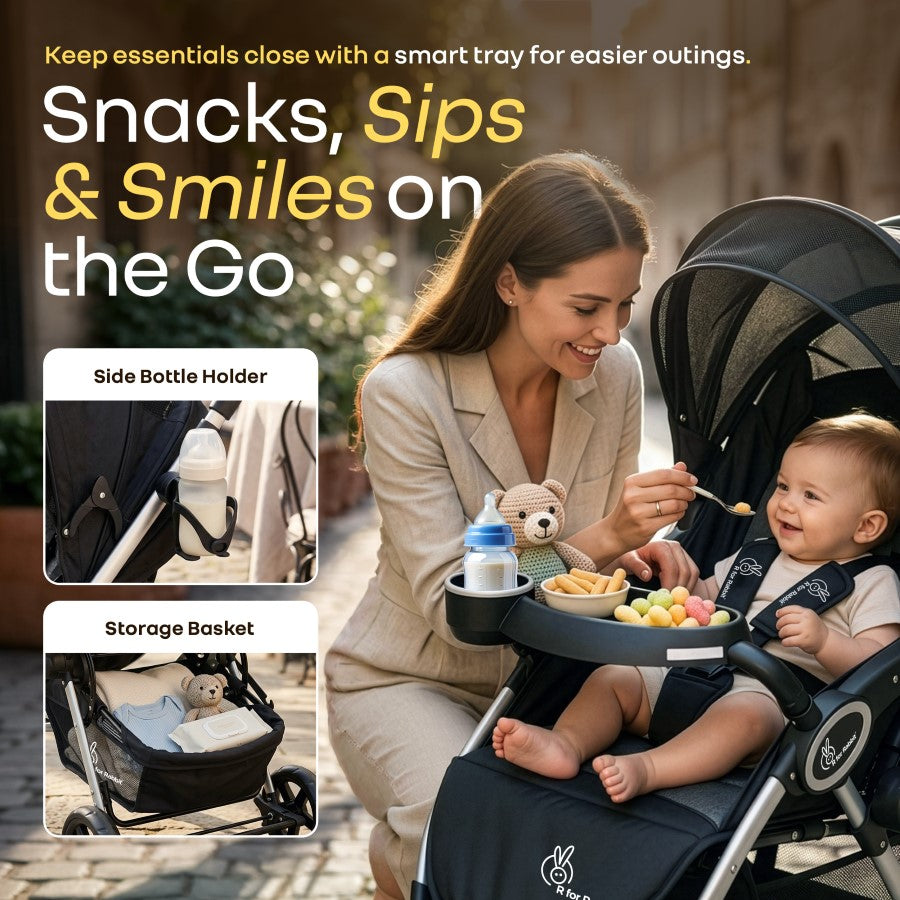 Chocolate Ride Stroller For Kids Reversible Handle, Multiple Recline Positions, Cup Holder with Meal Tray, 5 Point Safety Harness, Storage Basket - Black Grey