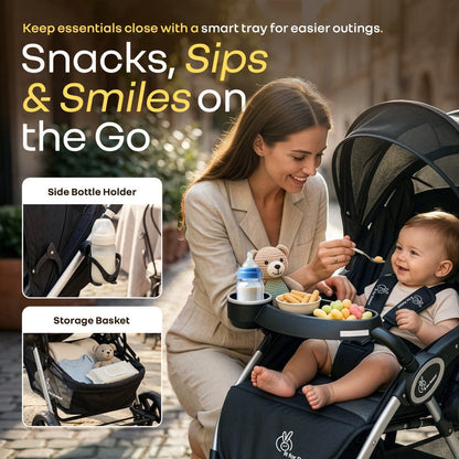 Chocolate Ride Stroller For Kids Reversible Handle, Multiple Recline Positions, Cup Holder with Meal Tray, 5 Point Safety Harness, Storage Basket - Black Grey