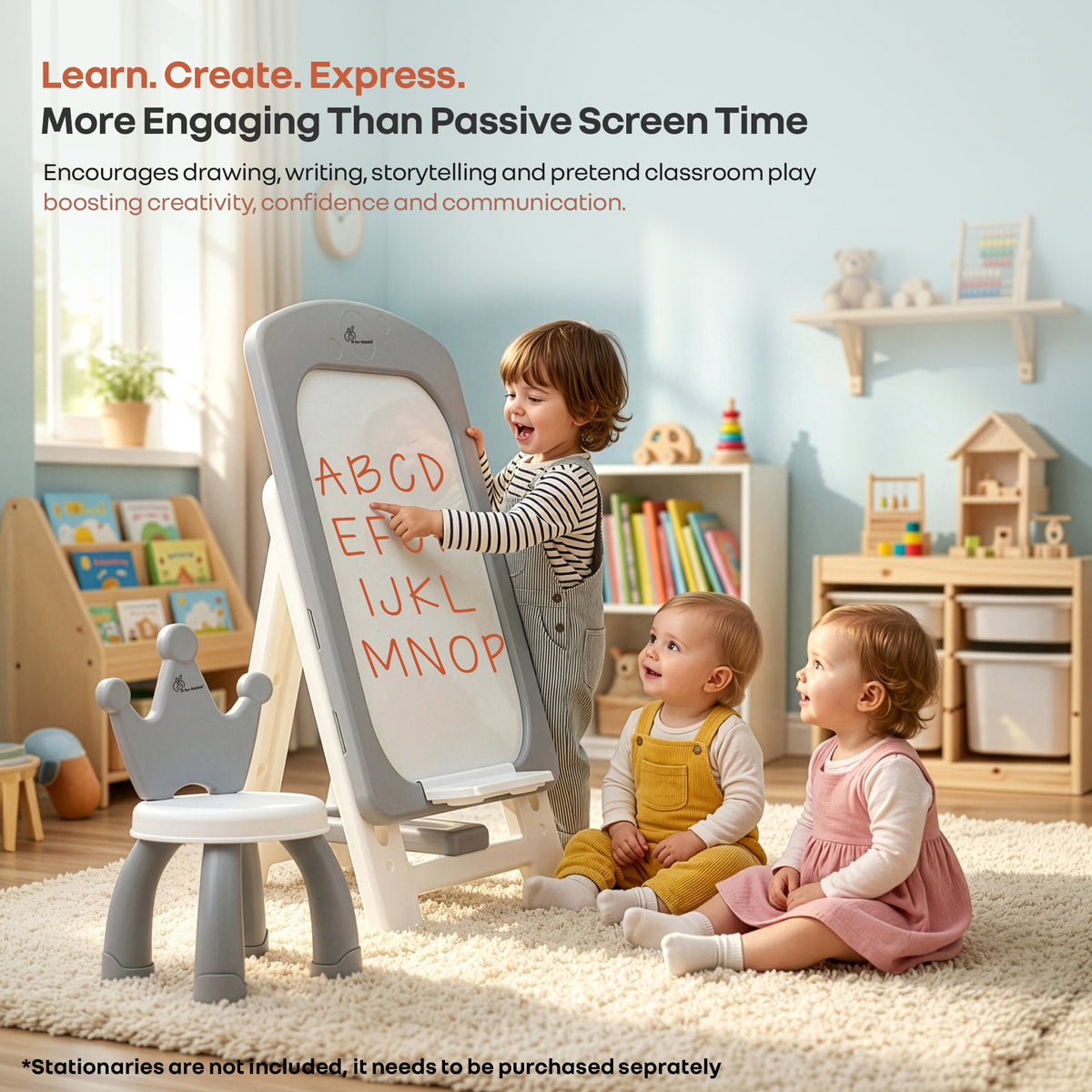 Little Genius Doodle Duo Whiteboard & Chair Set for 3–7 Years, 7-Level Height Adjustable, Foldable Study Table, Upto 40 kg - Grey White