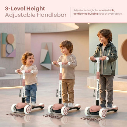 Road Runner Swift Kids Scooter - 3 Level Height Adjustable, Foldable, LED PU Wheels with Gravity Steering - Dusty Rose