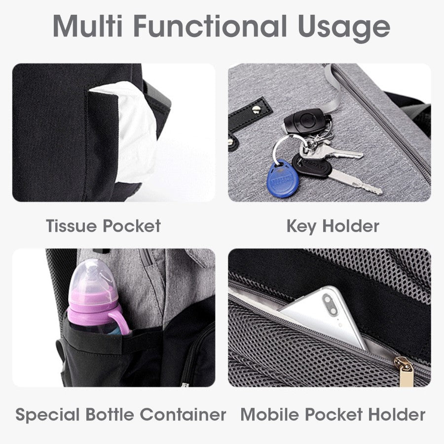 Caramello Smart Premium Diaper Bag for Moms & Dads with USB & Trolley Strap - Black Grey
