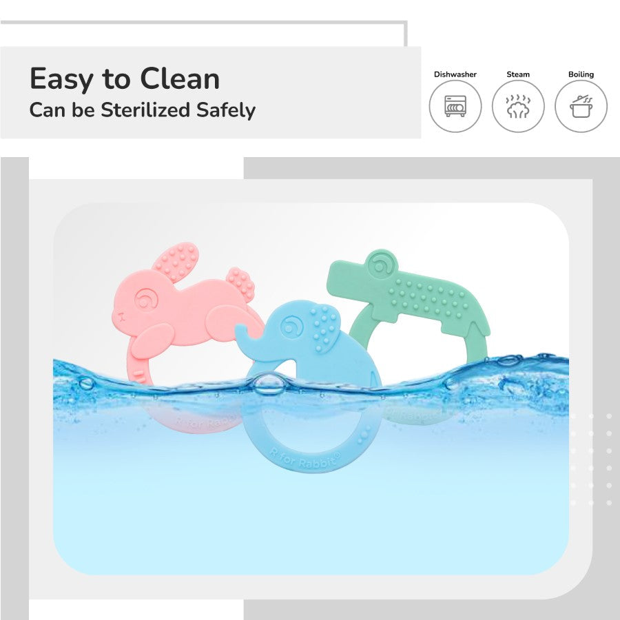 Tiny Bites Zoobie Baby Silicone Teethers Pack of 3 Crocodile, Rabbit, and Elephant - Green-Pink-Blue