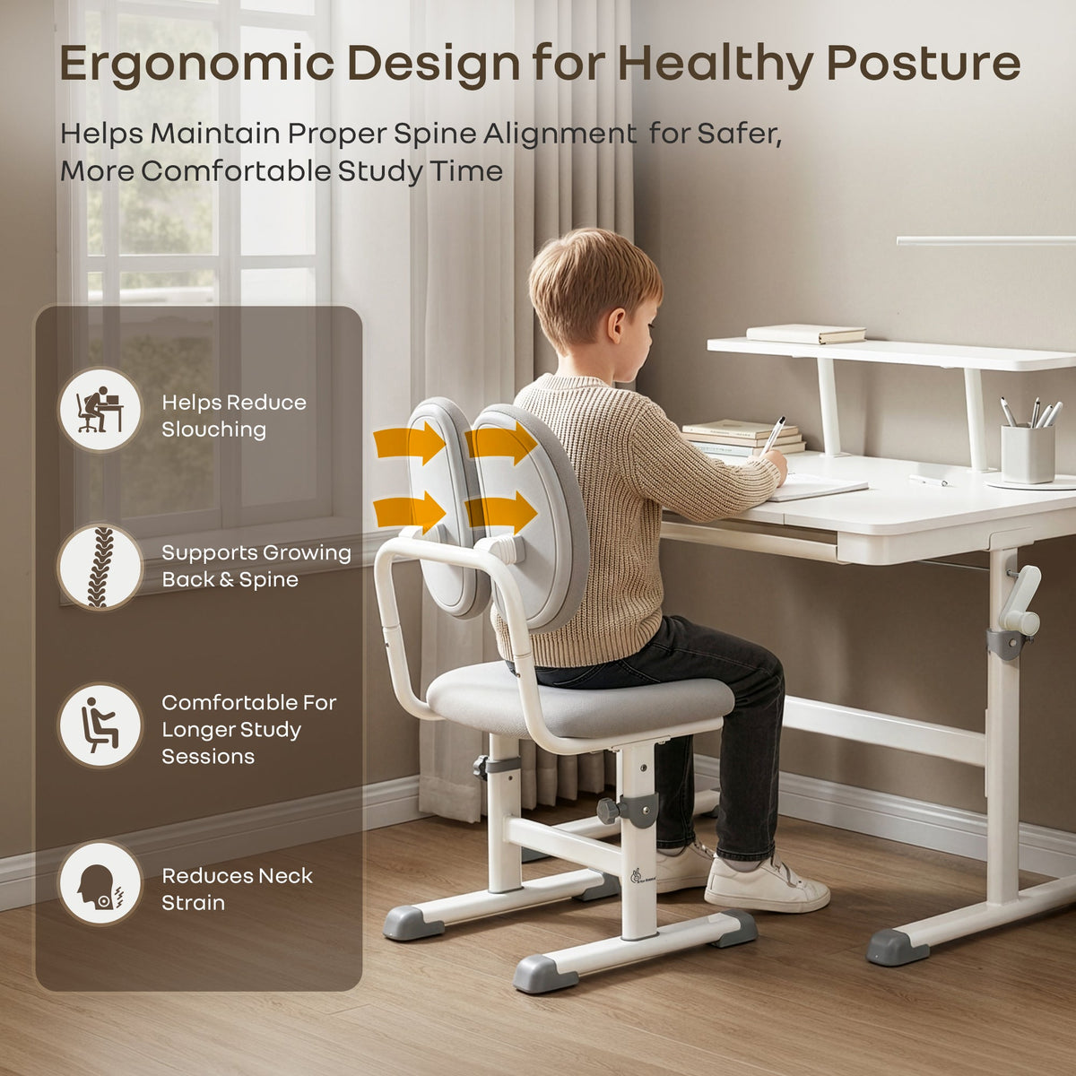 Kiddie Grow Edge Kids Study Table & Chair Set 3-15 Years, Adjustable Height, Storage Drawer & Bookshelf - White Grey