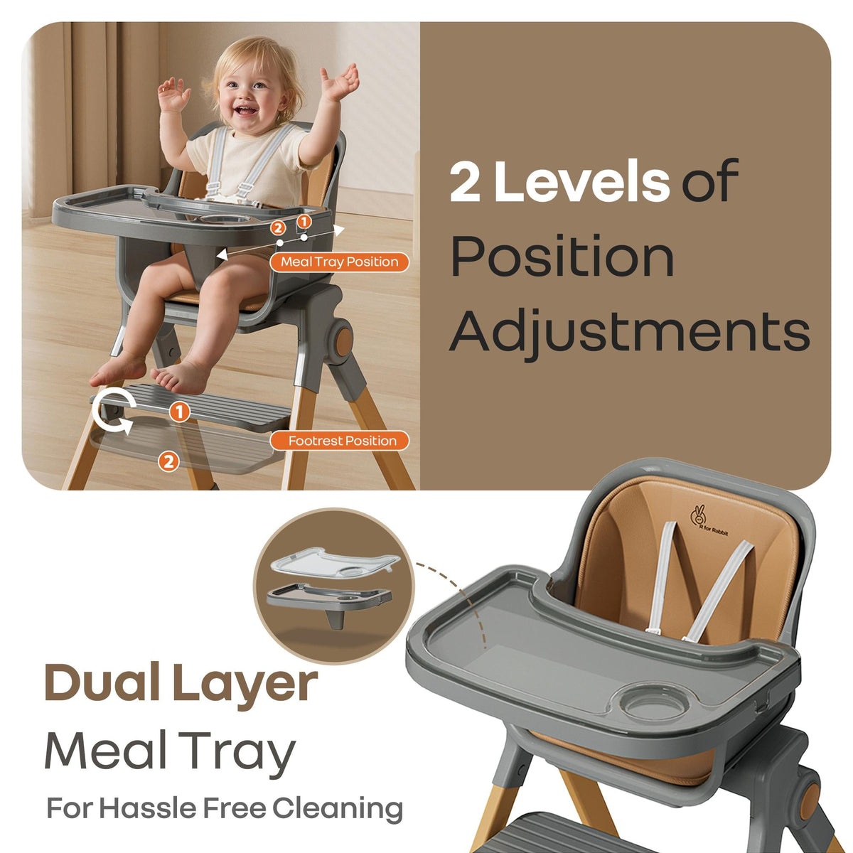 Walnut High Chair - 3 in 1 Convertible kids Highchair with Booster & Stool - Dark Grey