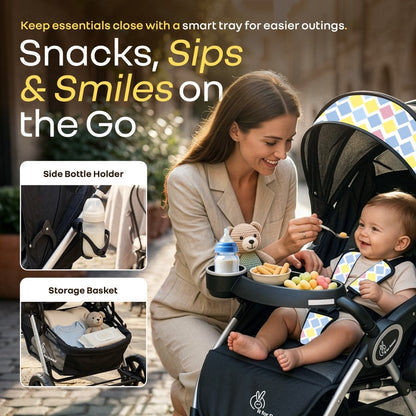 Chocolate Ride Stroller For Kids Reversible Handle, Multiple Recline Positions, Cup Holder with Meal Tray, 5 Point Safety Harness, Storage Basket - Black Multi