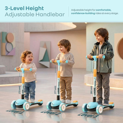 Road Runner Swift Kids Scooter - 3 Level Height Adjustable, Foldable, LED PU Wheels with Gravity Steering - Blue Orange