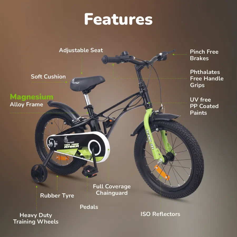 Tiny Toes Ryder Bicycle For Kids 16 Inch 90% Plug N Play Installation - Black Green