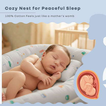 Snuggy Cuddles Newborn Baby Bed - Anti-Roll Baby Nest - 100% Cotton Breathable Lounger - Roadster Grey